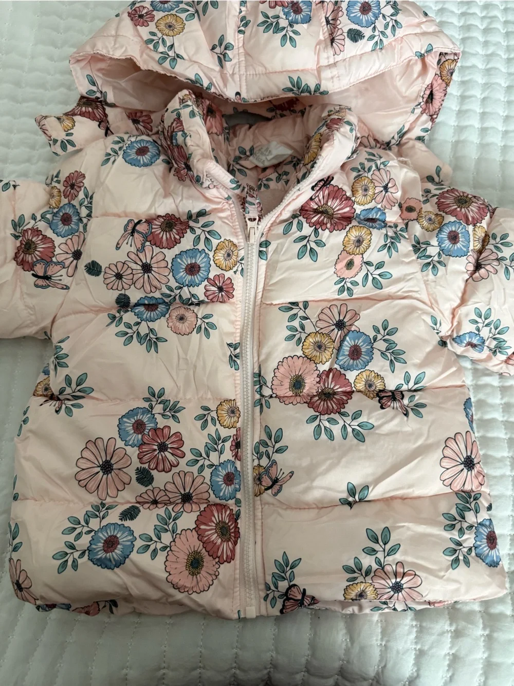 H&M Light Pink Floral Puffer Jacket with Hood
