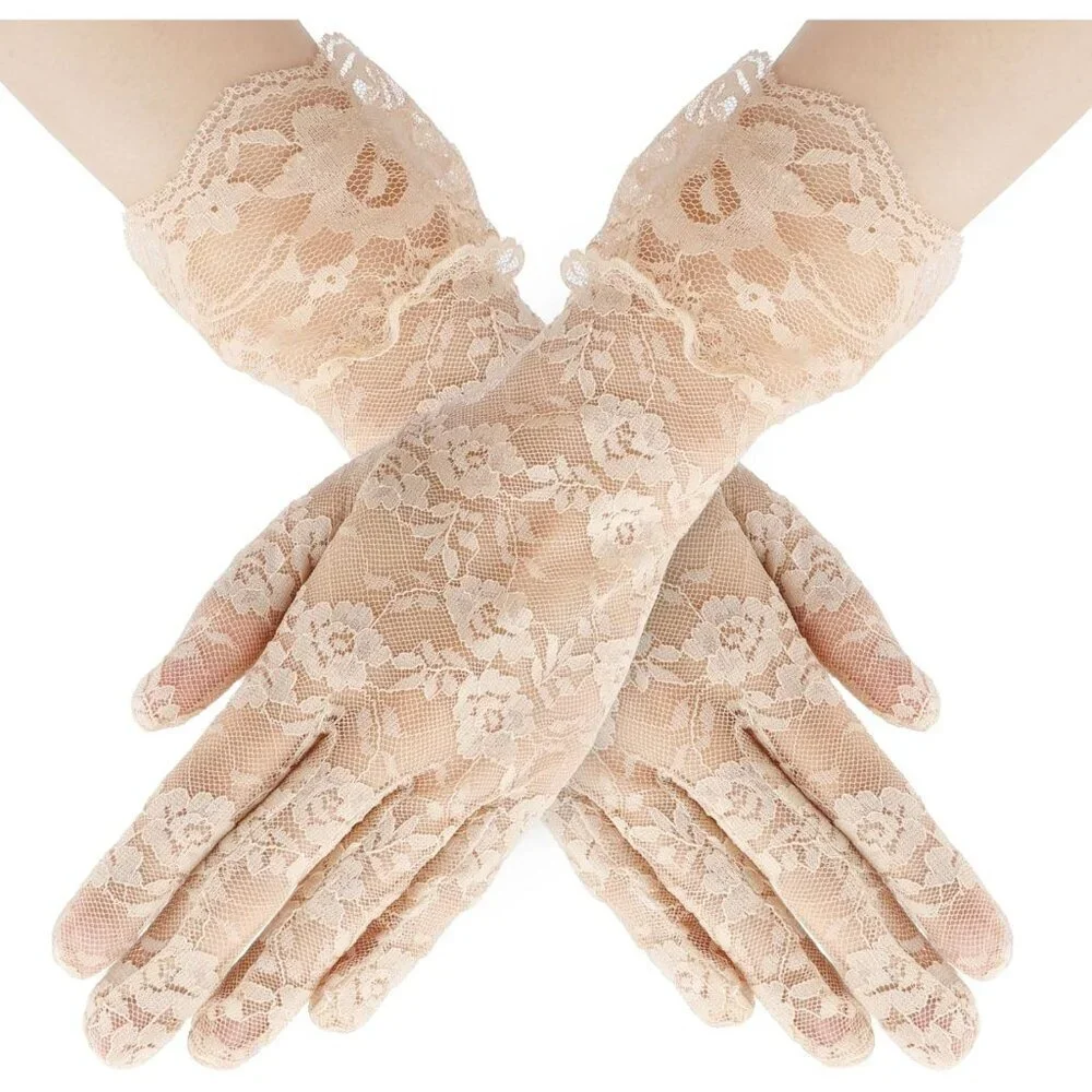 Women's Evening Beige Flower Pattern Lace Gloves Design Wedding Party Prom
