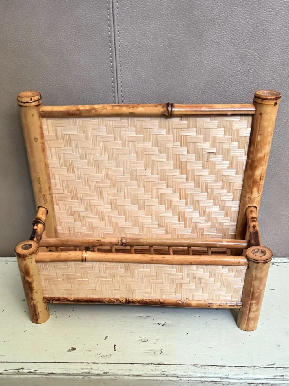 Vintage Burnt Tortoise/Tiger Bamboo Woven Rattan Bench Boho Mail Holder