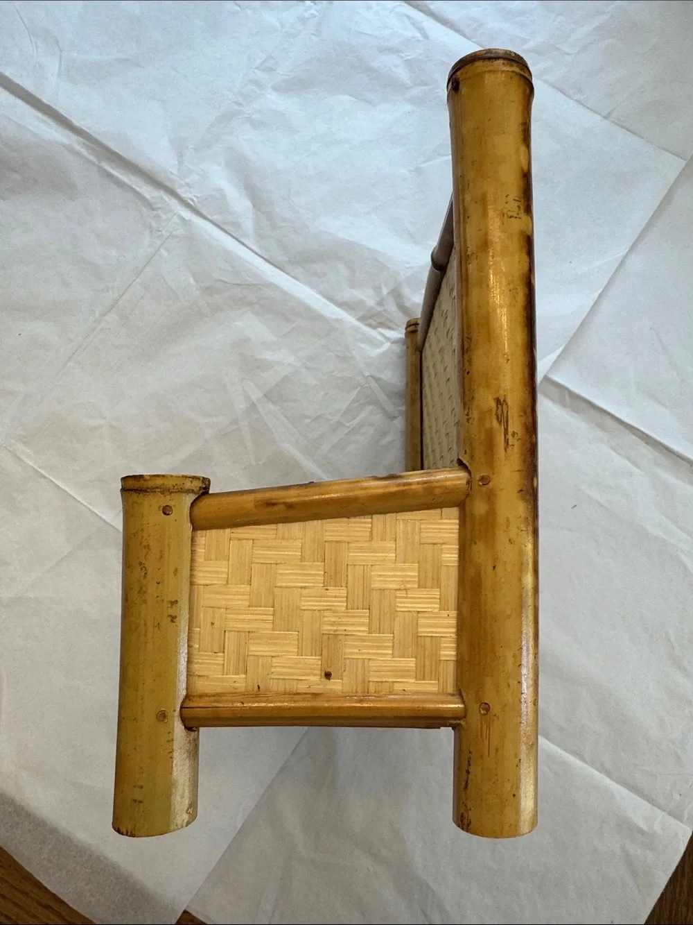 Vintage Burnt Tortoise/Tiger Bamboo Woven Rattan Bench Boho Mail Holder