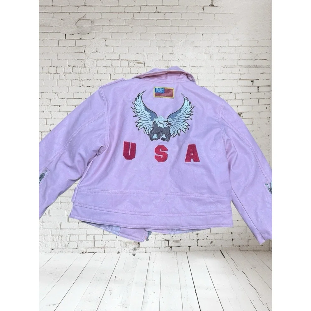 Outdoor Habitat 5t Toddler Motorcycle Biker USA eagle Jacket Faux‎ Leather Pink