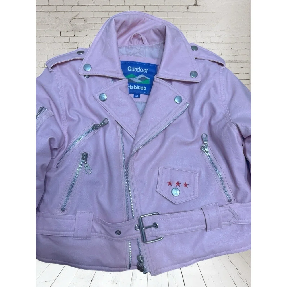 Outdoor Habitat 5t Toddler Motorcycle Biker USA eagle Jacket Faux‎ Leather Pink