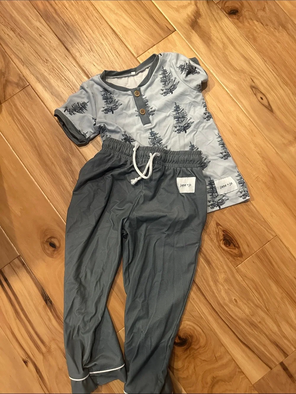 Jane + Jo Blue Tree Print Top with Slate Blue Drawstring Pants