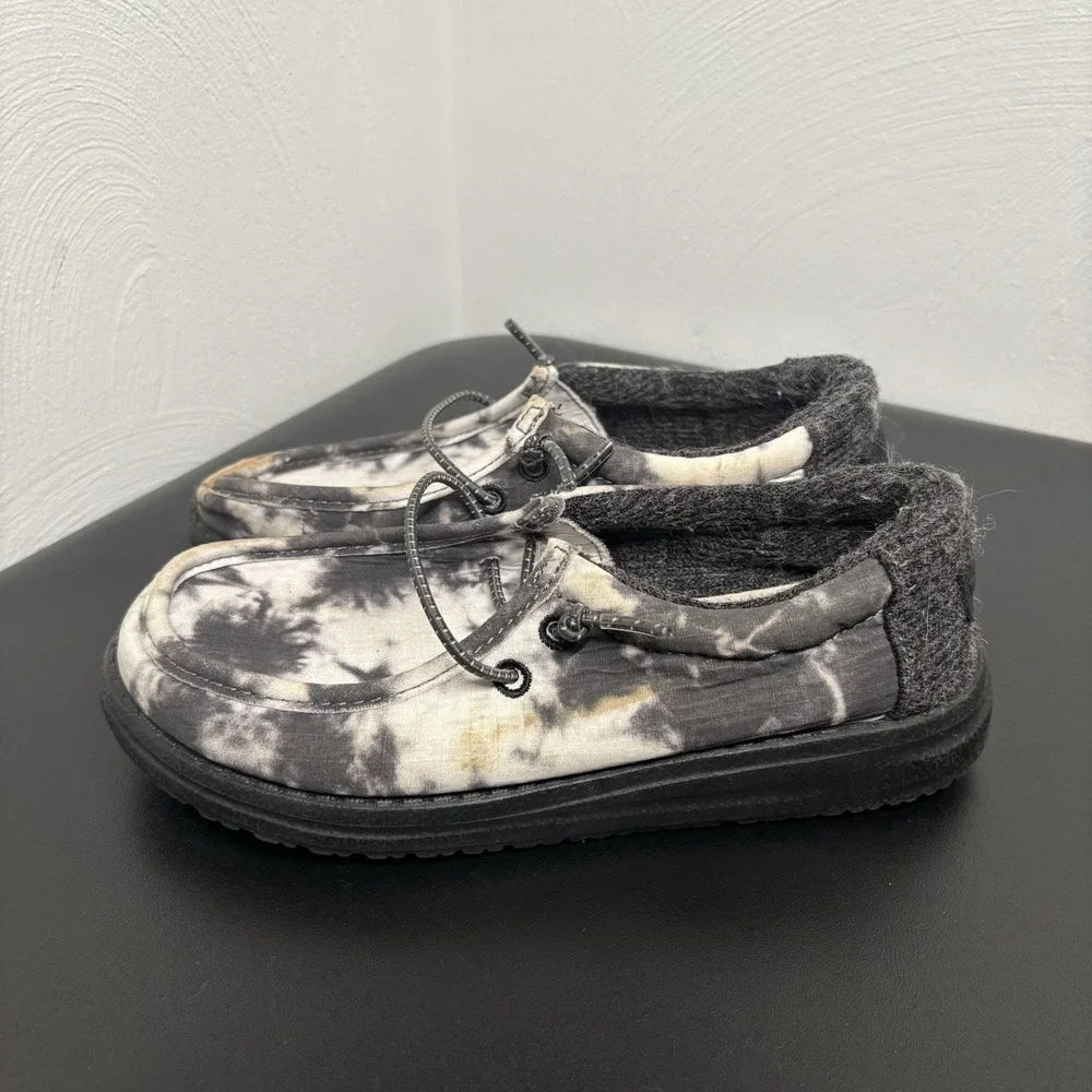 Hey Dude Wally Youth Thunderstruck Tie Dye Black/White Slip On Unisex Shoe Sz 13