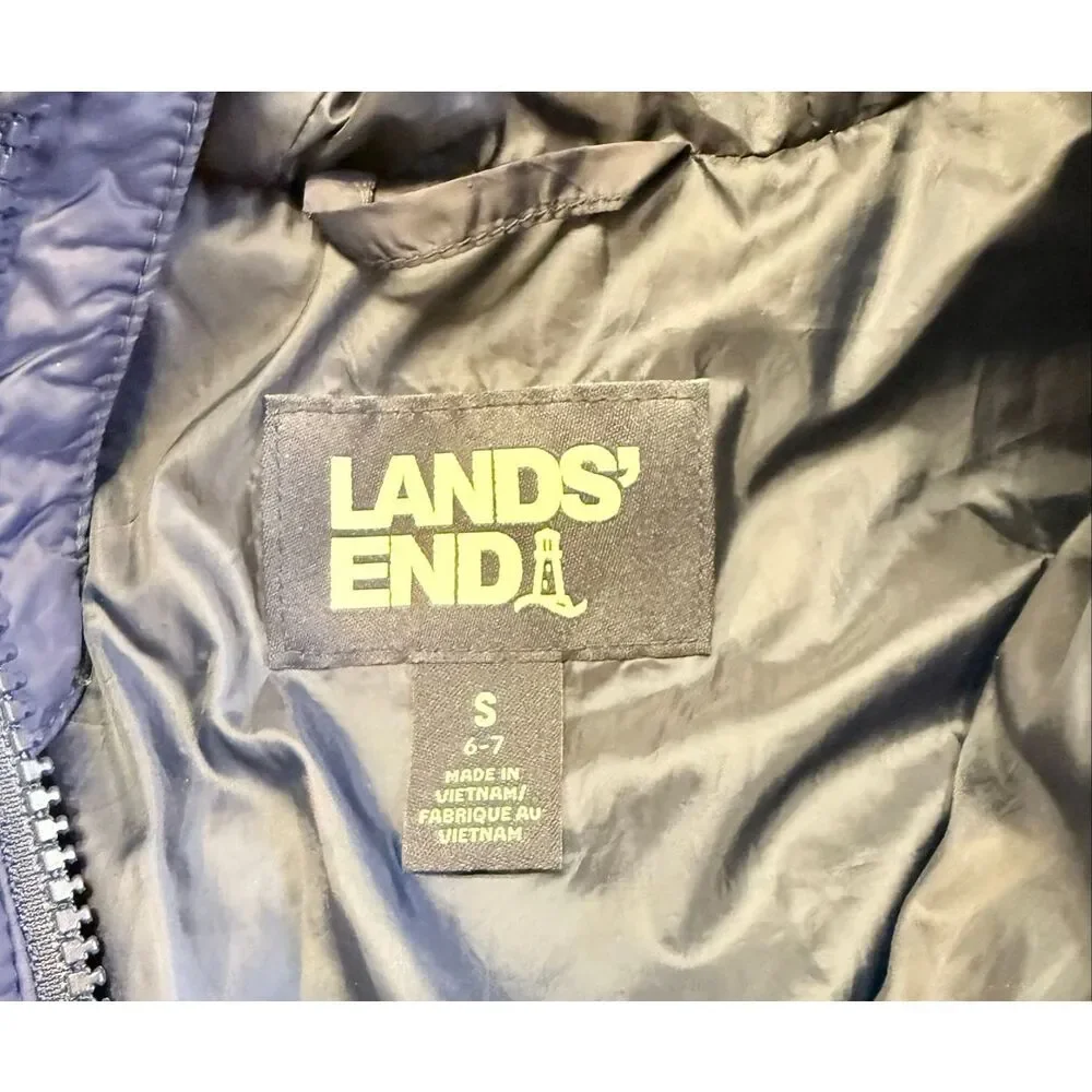 Lands’ End Kids Hooded Puffer Jacket Navy Sz. Small (4-6) Lightweight Packable