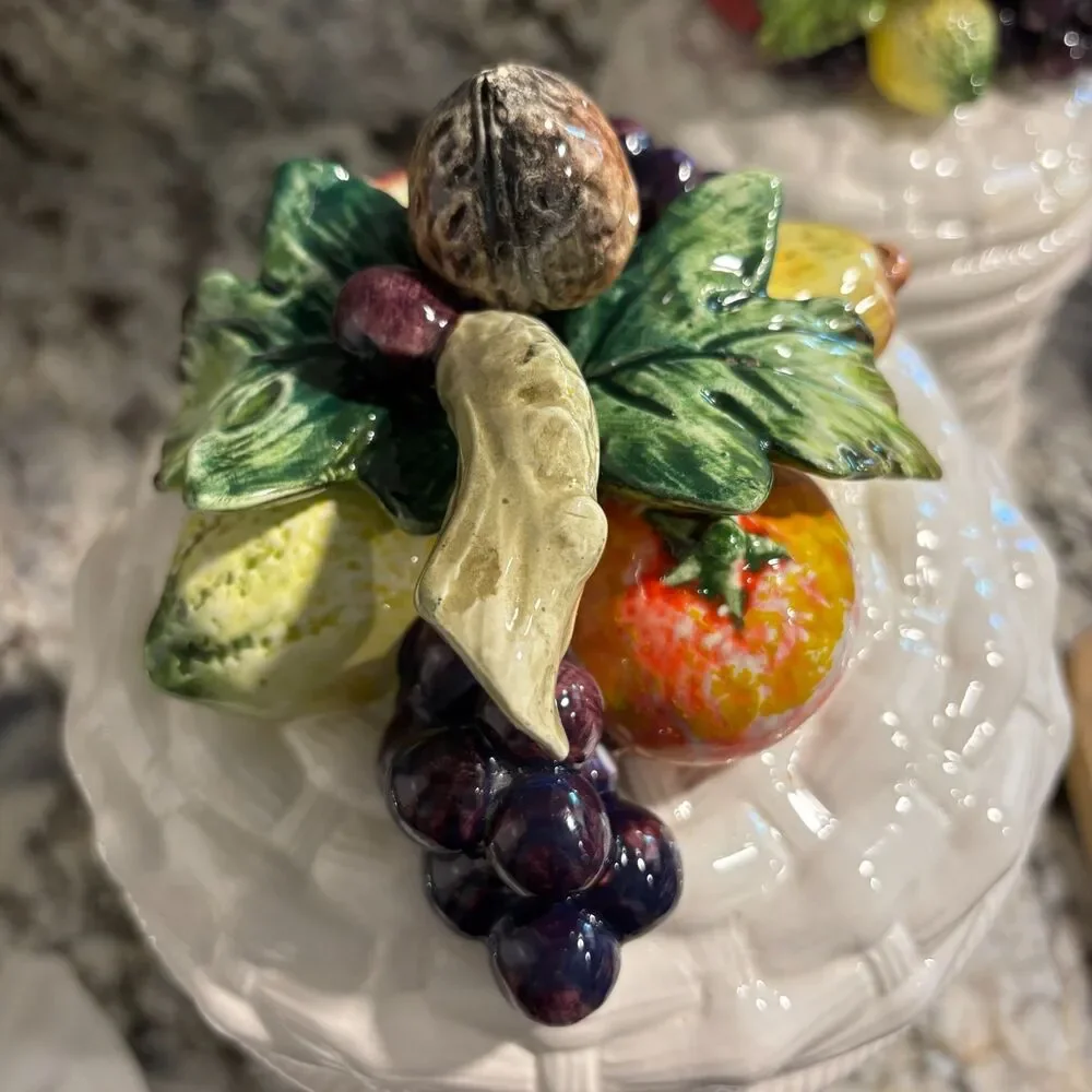 Vintage Ceramic Fruit Basket Weave Canister Set 2 White Kitchen Storage Jars