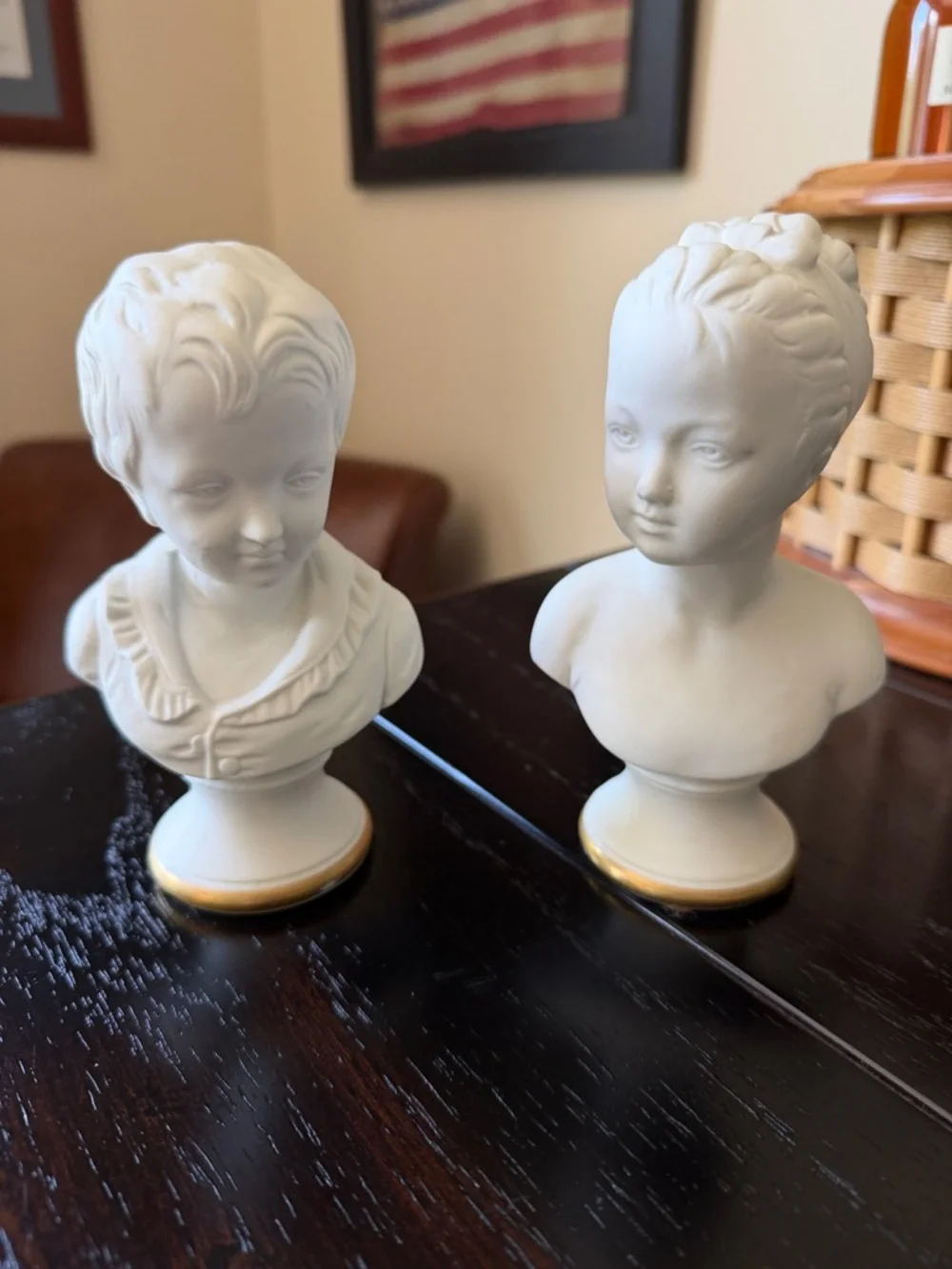 Vintage Lefton Boy and Girl Bust Figurines with Gold Accent - Set of 2