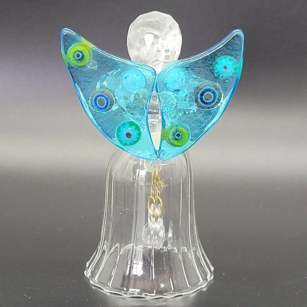 Art Glass Angel Bell Crystal Arms Millefiori Wings Delicate Collectible Curio