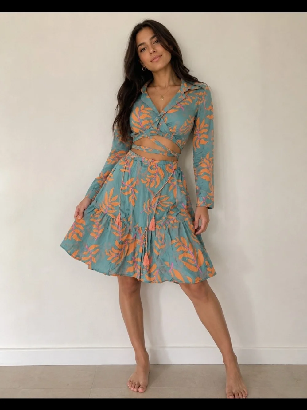 Fashion Nova Teal Wrap Crop Top & Orange Floral Skirt Set