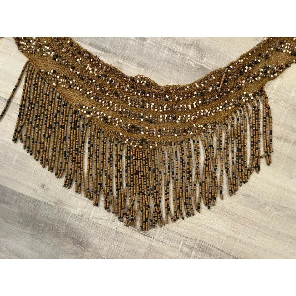 VTG Long Fringe Beaded Bib Scarf Crocheted Macrame Belly Dance Hip Belt Western