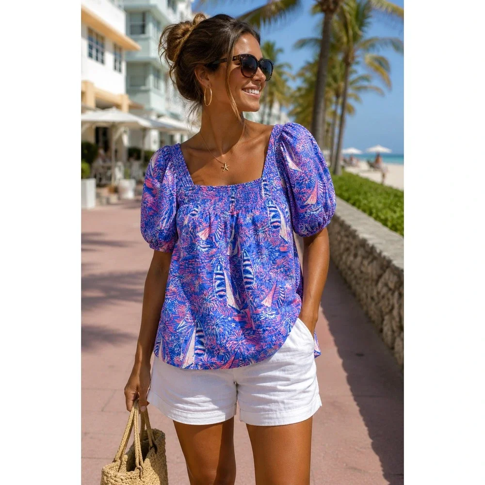 Lilly Pulitzer 100% Linen Puff Sleeve Smocked Square Neck Top Sailabration Sz 6