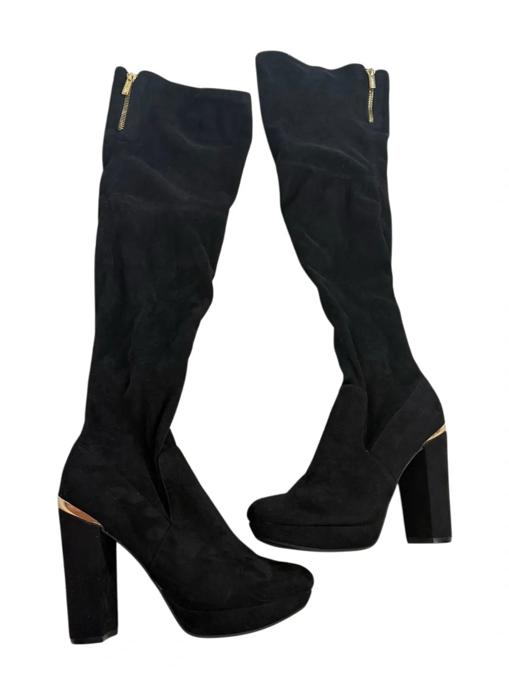Guess Black Over-the-Knee Platform Block Heel Boots with Gold Trim Size 6