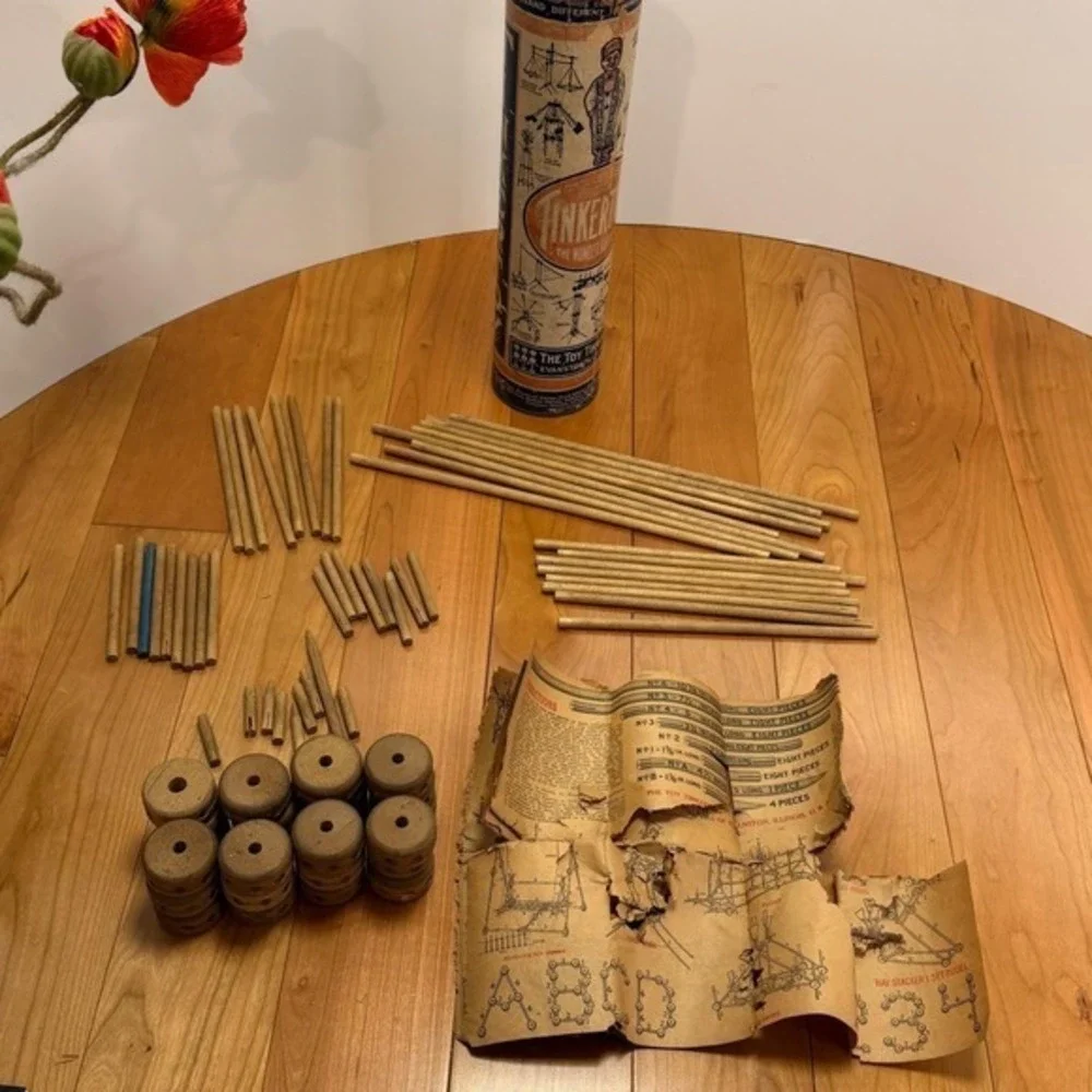 Antique Tinkertoy No. 3 Set – Wooden Construction Toy w/ Original Tube+Paperwork