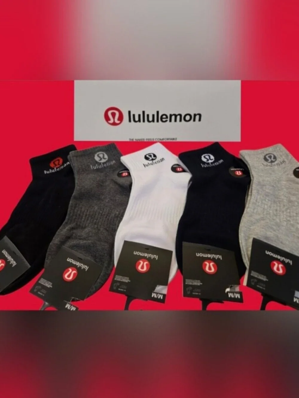 Lululemon Womens Logo Ankle Socks Medium BNWT With Box 5 Pair Black Gray White