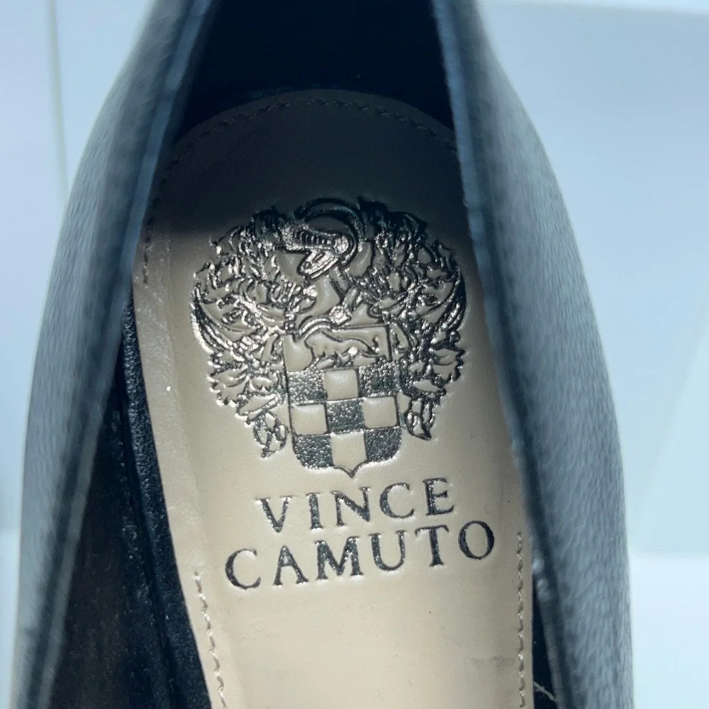 Vince Camuto Womens 7M Black Leather Pointed Stacked Heel Becarda Loafer NWOB