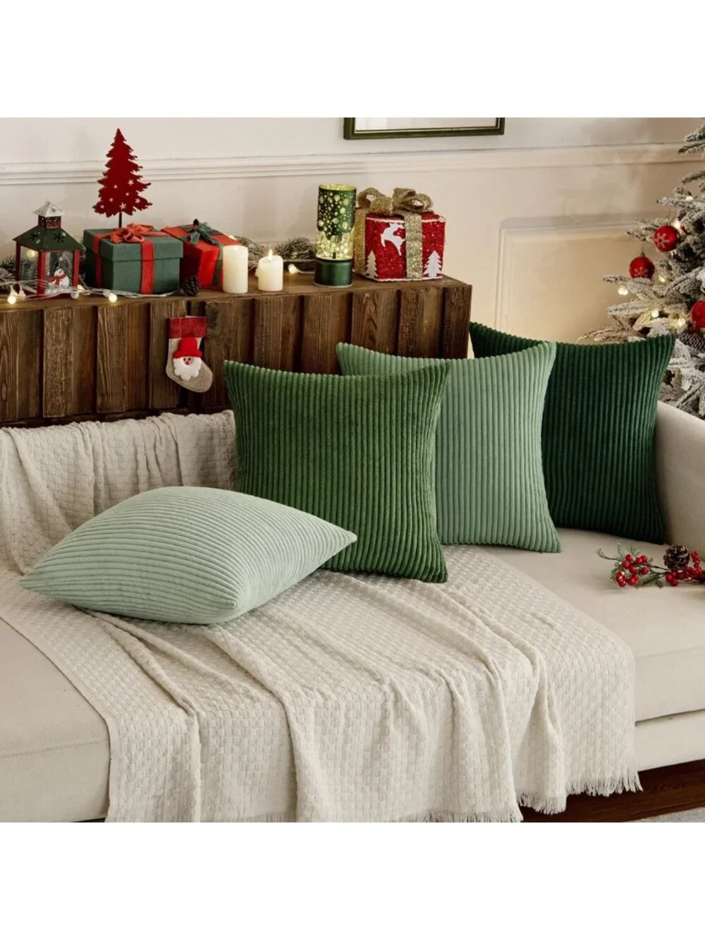 Boho Farmhouse Sage Green Throw Pillow Covers 18x18 Set of 4 - Soft Corduroy