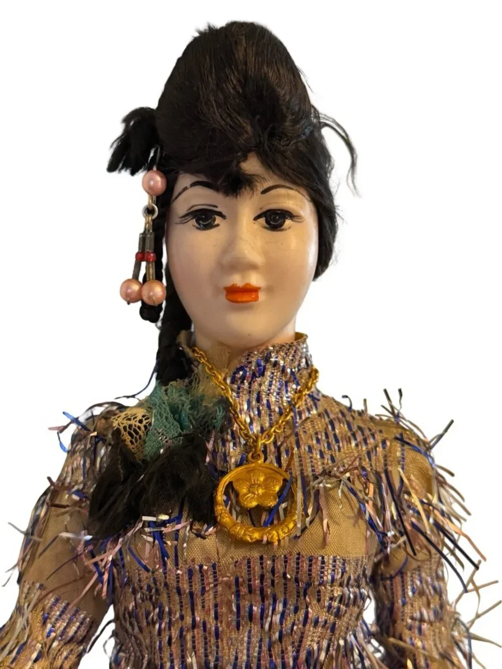 Vintage Vietnamese Woman Doll Handmade Ethnic Figurine Fringe Dress Made in Viet