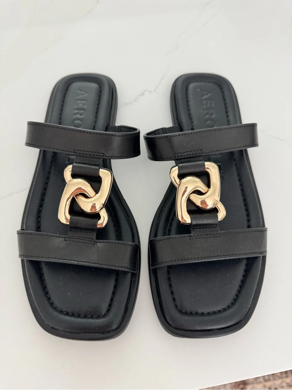 Aerosoles Black Slide Sandals with Gold Link Detail size 7