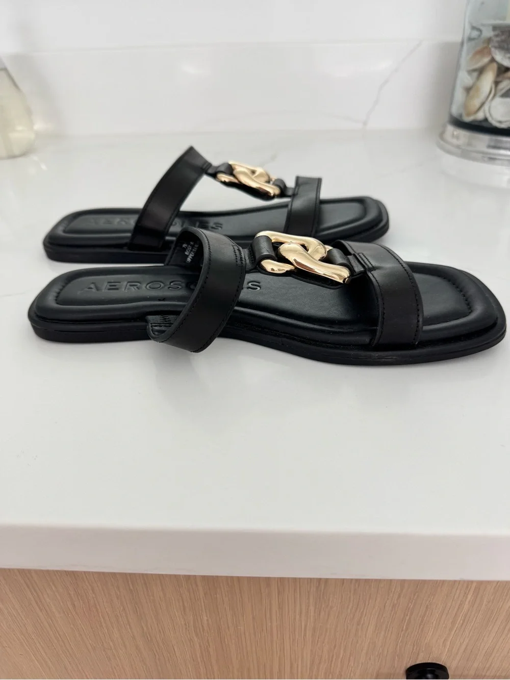Aerosoles Black Slide Sandals with Gold Link Detail size 7