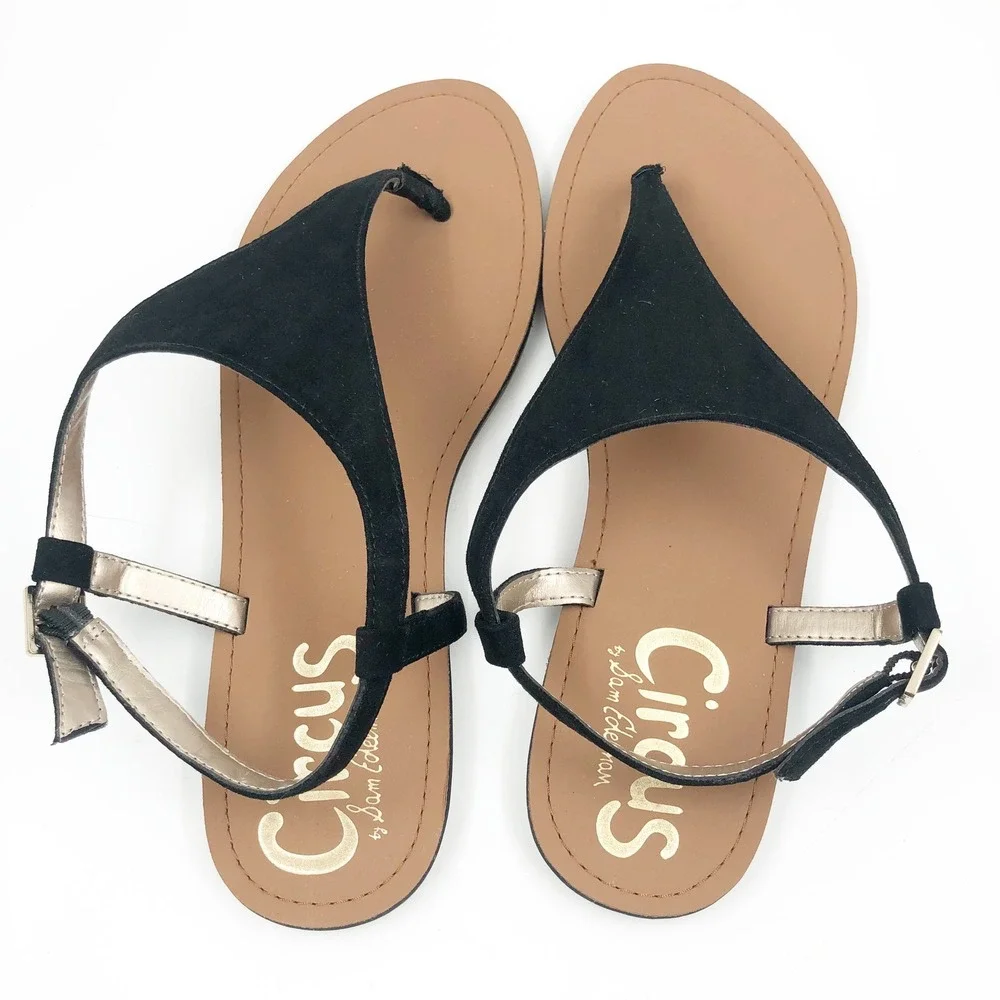 Circus by Sam Edelman Sandals Womens 9.5 Bianca Black Thong Flat T-Strap Buckle