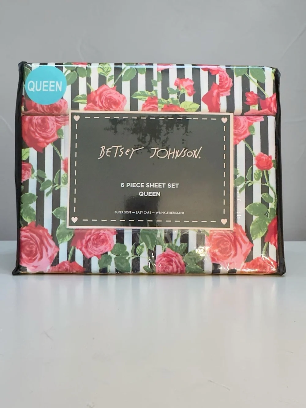 Betsey Johnson Queen 6 Piece Sheet Set Black White Stripe Roses NIP