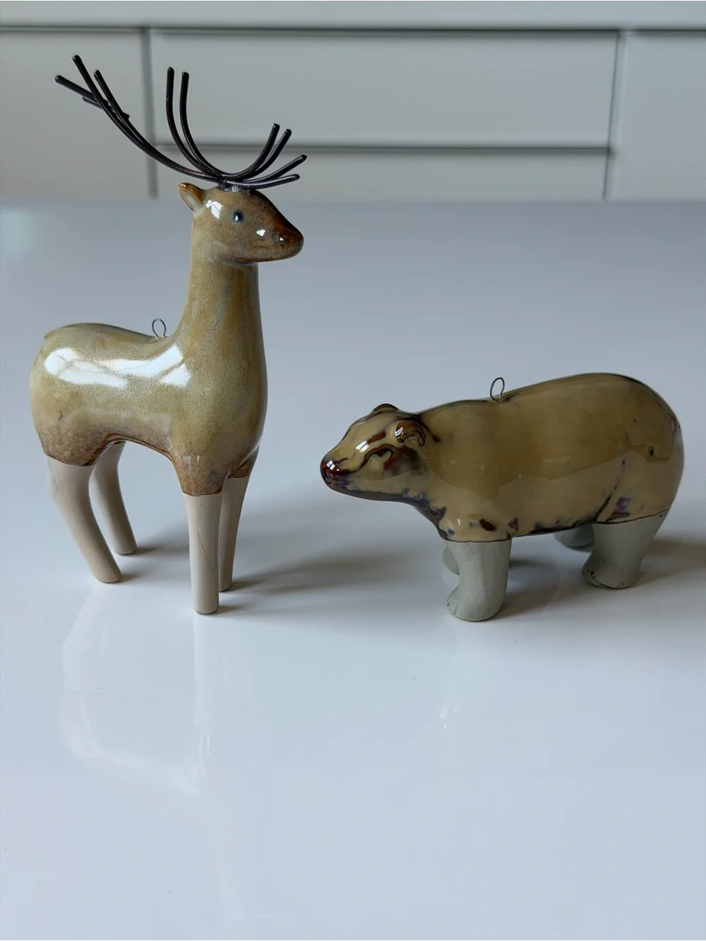 Ceramic Deer and Bear Figurine Set in Glazed Beige Rustic Woodland