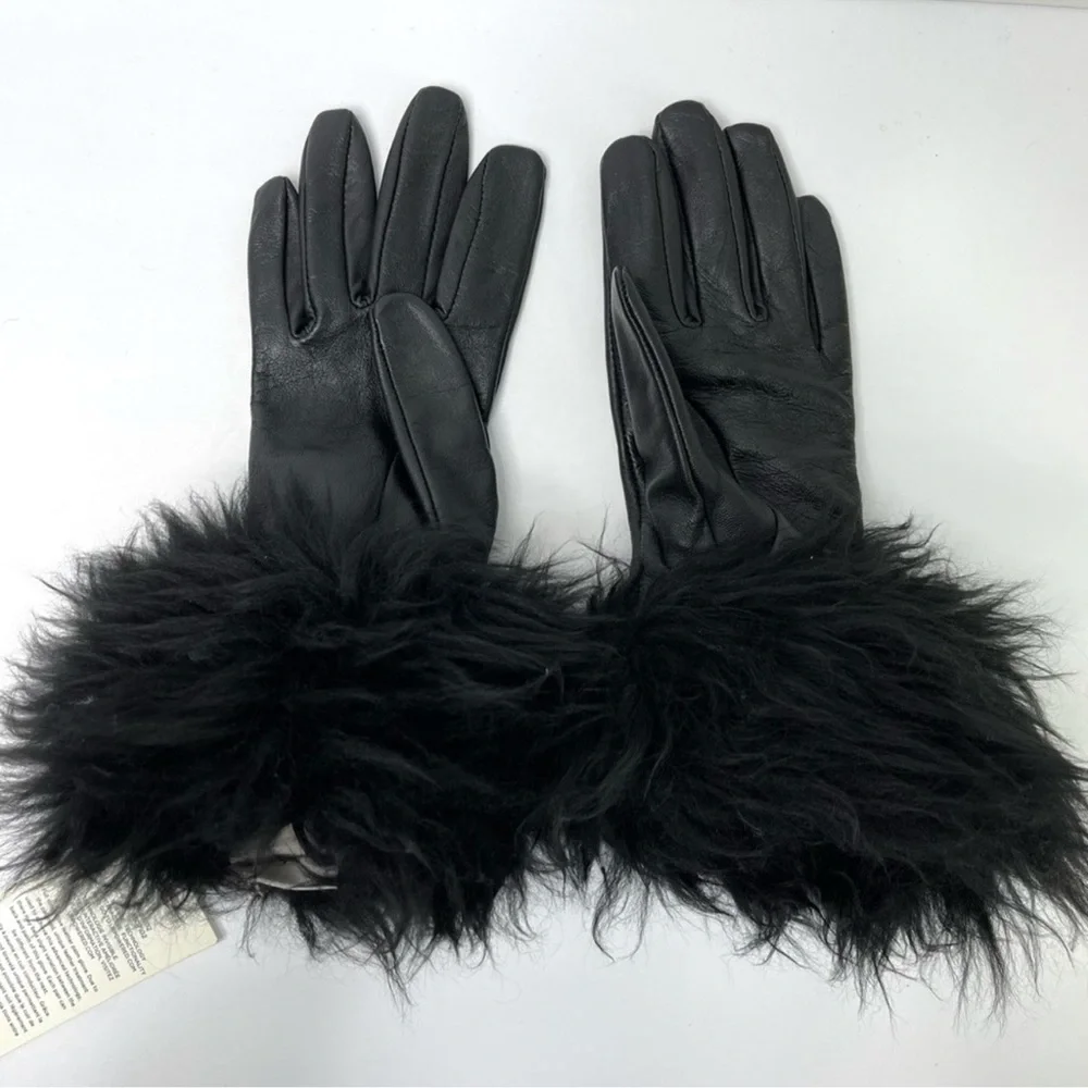 UGG Black Leather Gloves Fur Trim Black NEW Touchscreen Tech Size S