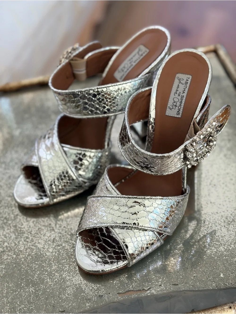Tabitha Simmons Silver Snakeskin-Texture Crystal Buckle Peep-Toe Heels