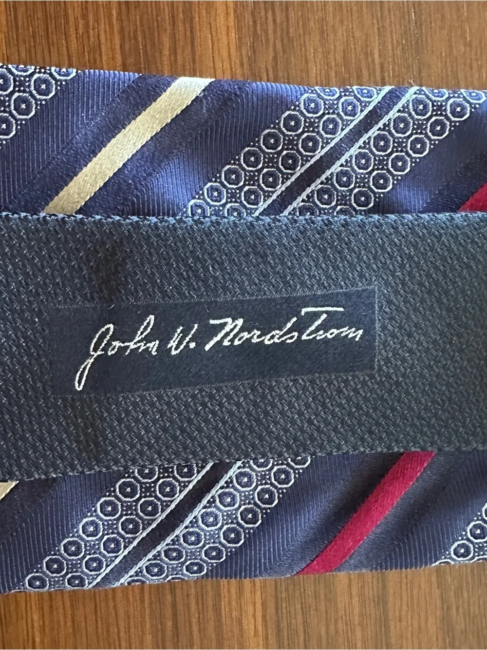 John W. Nordstrom Navy Tie with Red & Gold Stripes