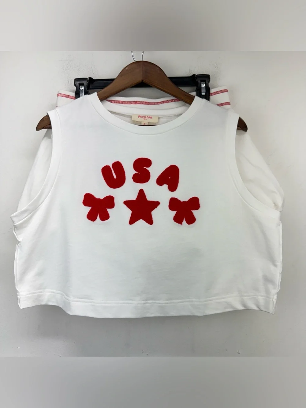 Peach Love California Sz Medium Women’s White Red USA Bow Star Top & Shorts Set