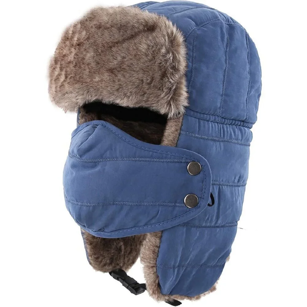 Men's Blue Trooper Trapper Hat Warm Winter Hunting Cap w/ Removable Mask