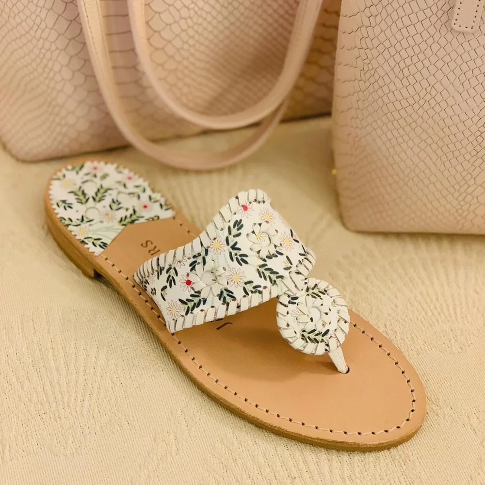 Jack Rogers White Floral Leather Thong Sandal