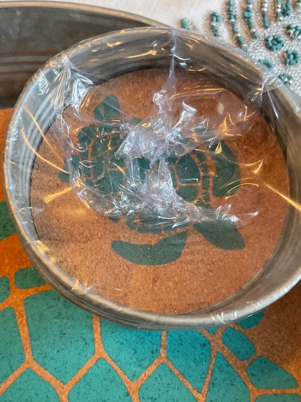 Coastal Tin Serving Tray with 4 Matching Coasters all with Turtle Decor