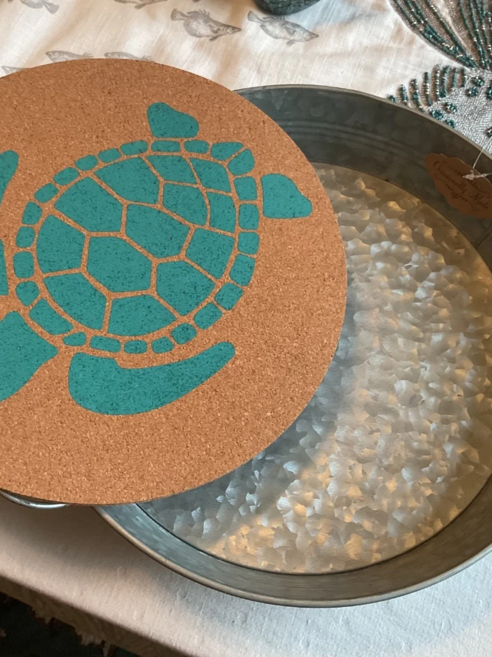 Coastal Tin Serving Tray with 4 Matching Coasters all with Turtle Decor