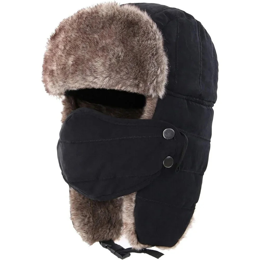 Men's Black Trooper Trapper Hat Warm Winter Hunting Cap w/ Removable Mask