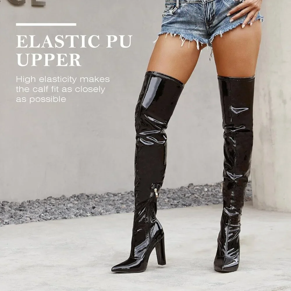 Women's Black Patent Leather Thigh High  Over The Knee Stylish Comfort Gogo Boot
