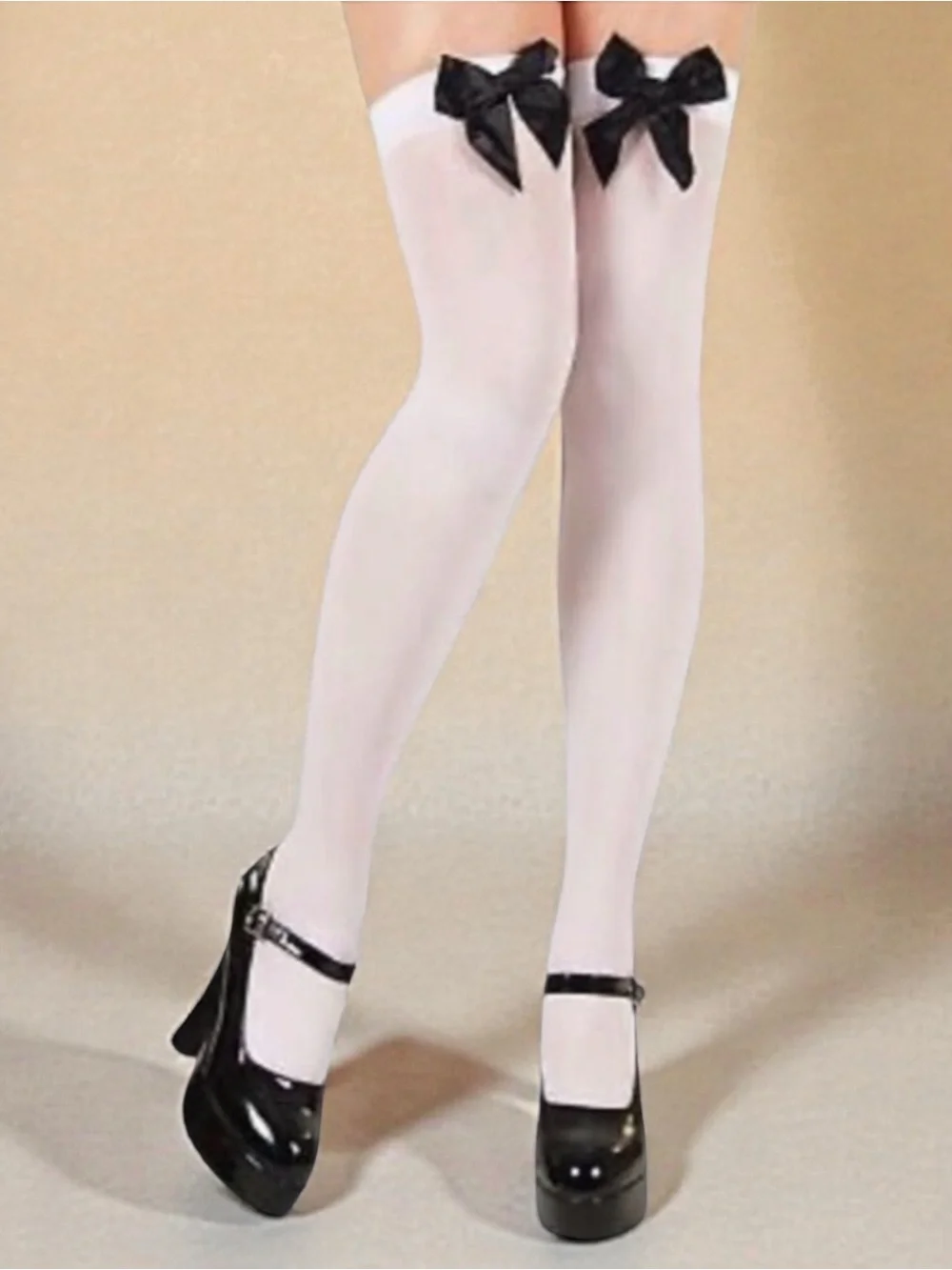 Music Legs White with Black Satin Bow Opaque Thigh Hi Pantyhose Tights