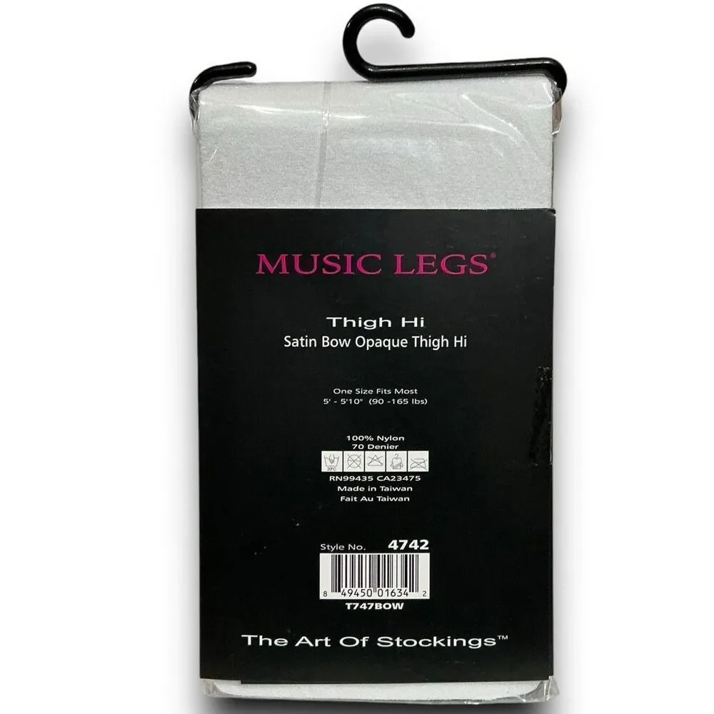 Music Legs White with Black Satin Bow Opaque Thigh Hi Pantyhose Tights