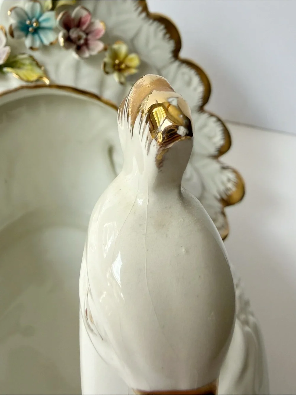 Vintage Capodimonte Peacock Bird Swan Floral Gilt Large Porcelain Planter Vase
