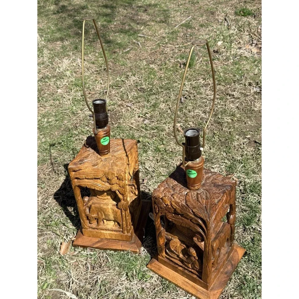 2 Vintage Rare Hand Carved Teakwood Table Lamps Tropical Farm Village Scene