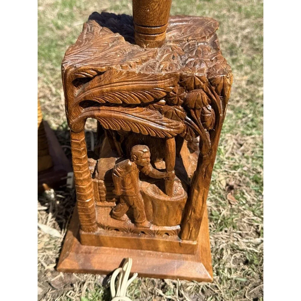 2 Vintage Rare Hand Carved Teakwood Table Lamps Tropical Farm Village Scene