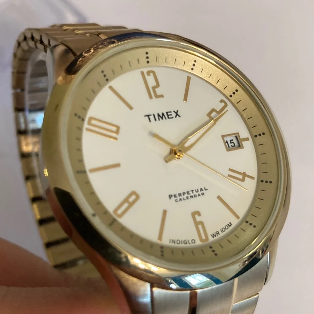 Timex gold tone Perpetual Calendar watch, stretch bracelet, new battery, indiglo