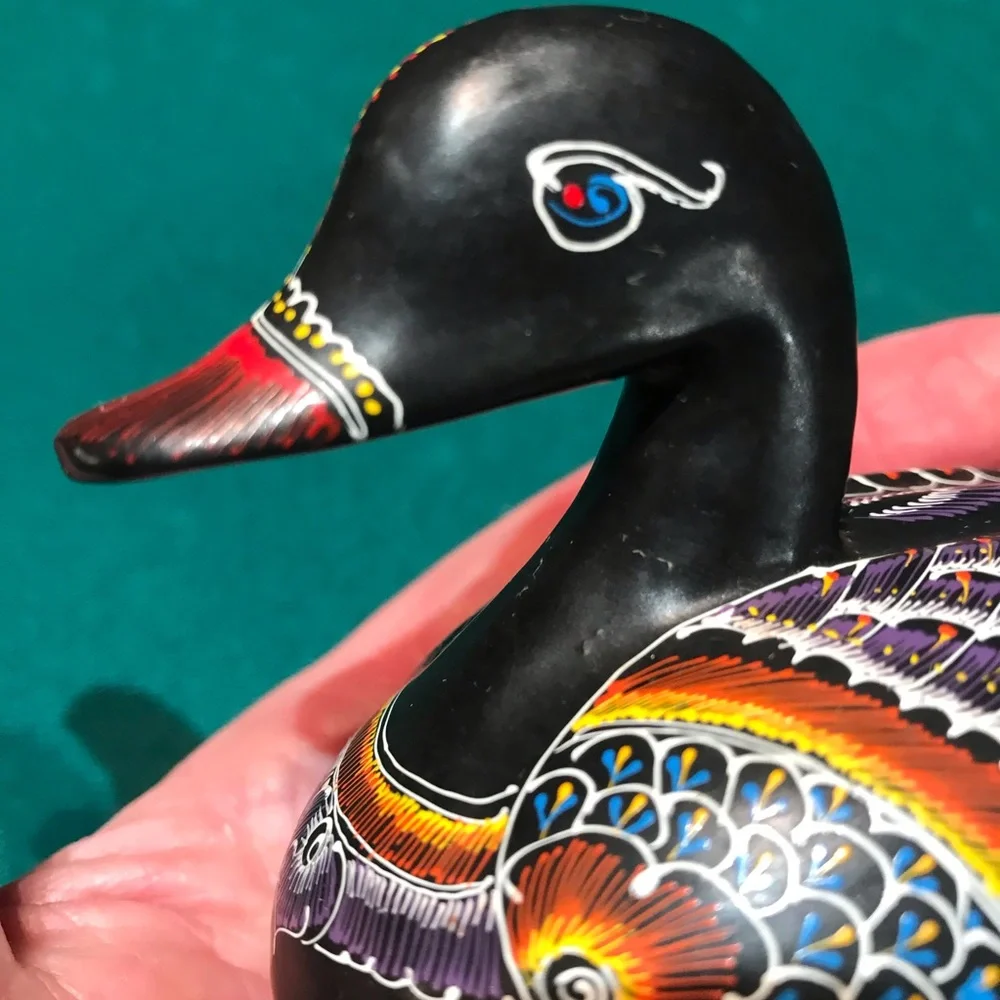 Vintage Wooden Trinket Dish with intricate hand painted Duck Design