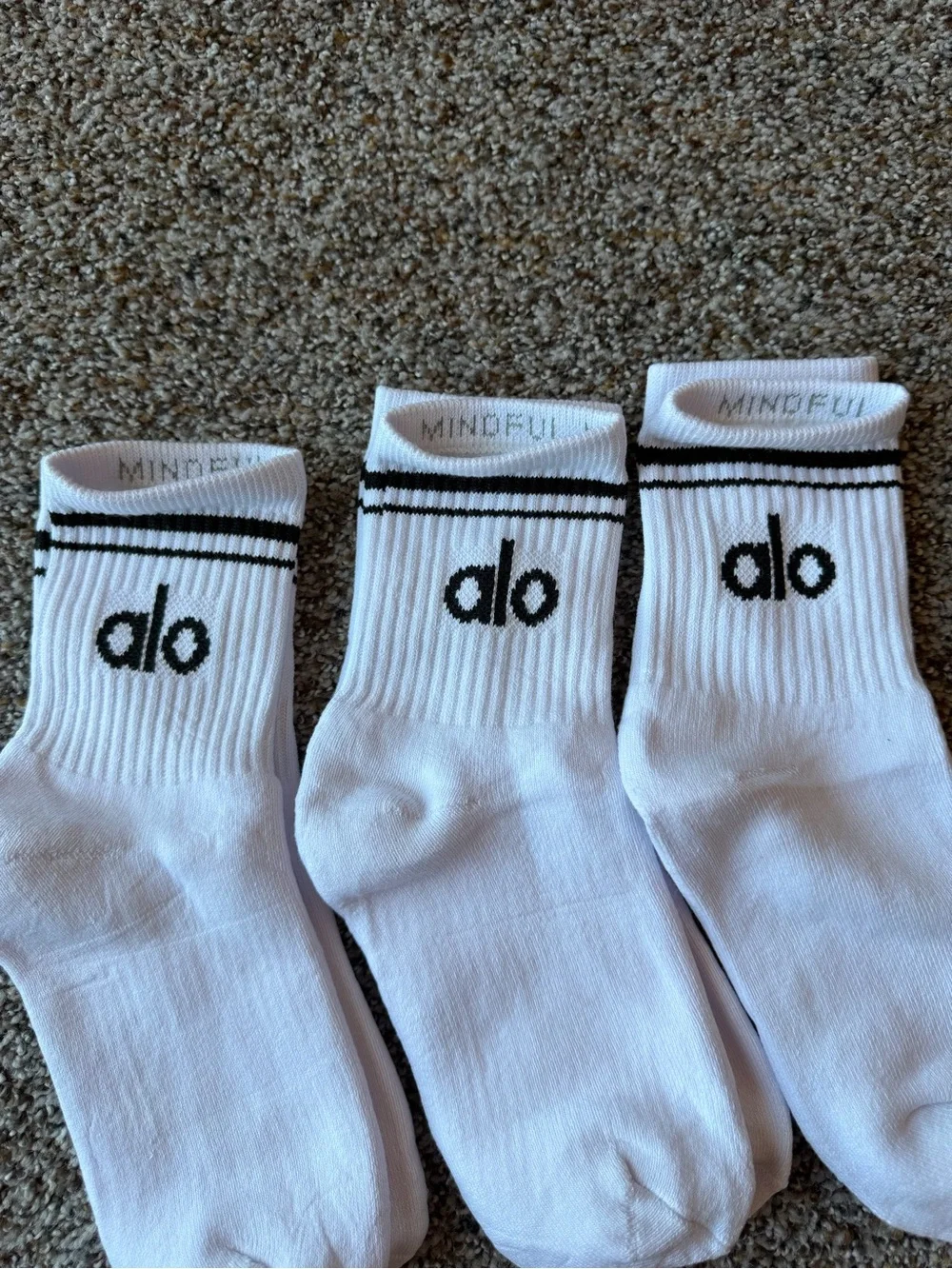 Alo Yoga White Half Crew Socks with Black Logo - 3 Pack