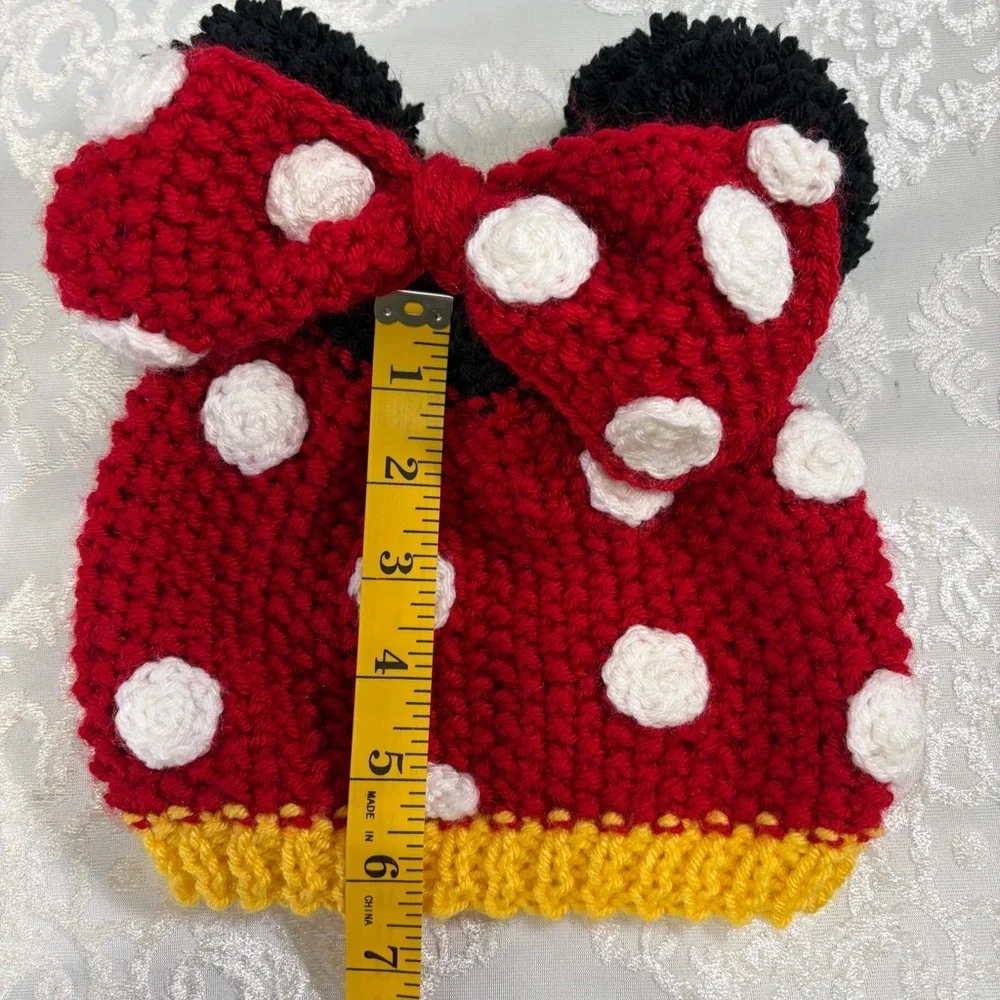 Hand knit Kids Minnie Mouse Pom Pom Beanie Toboggan