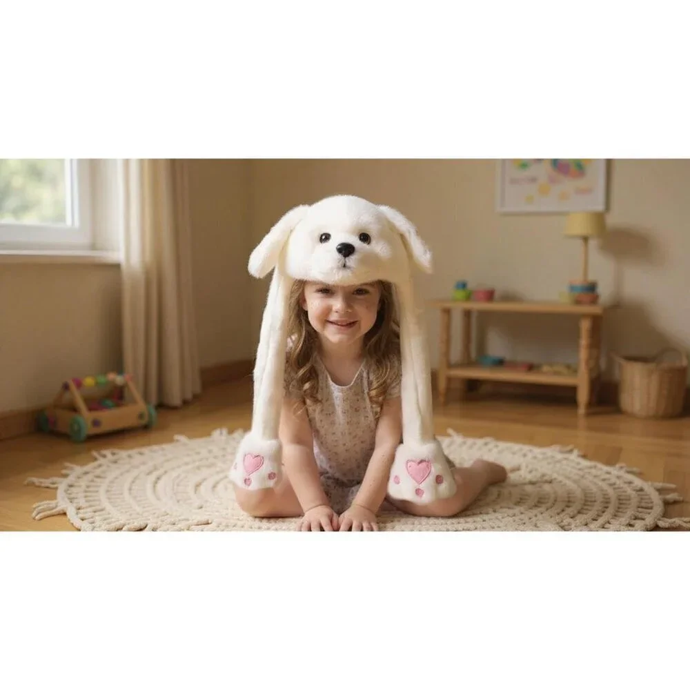 Kids Puppy Animal Hat with Ears Moving Jumping Pop Up Beating Plush Holiday