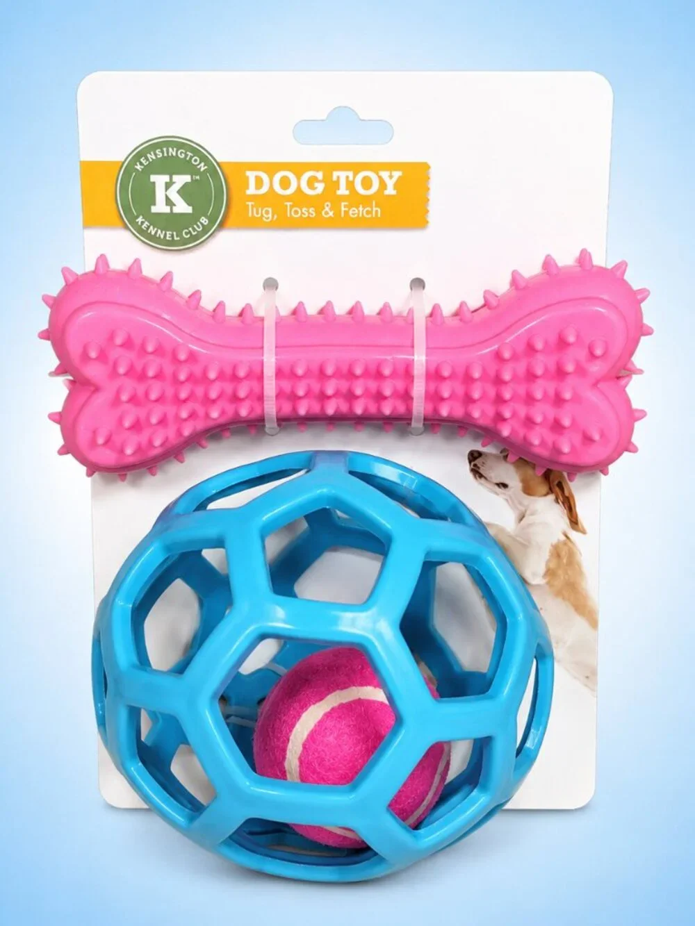 Kensington Kennel Club Dog Toy Set Pink Bone Blue Ball Tug Toss Fetch New