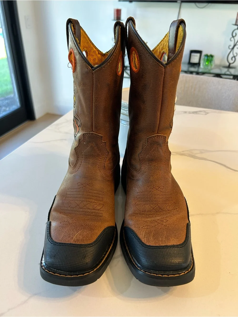 Boys Cody James Brown Leather Work Boots with Orange Accent. Sz 4D