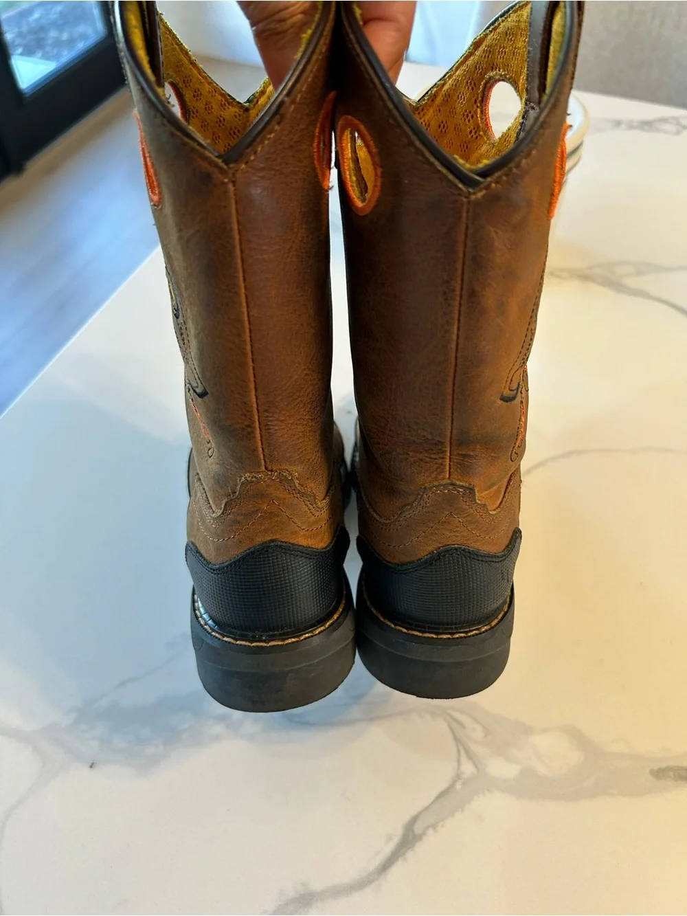 Boys Cody James Brown Leather Work Boots with Orange Accent. Sz 4D