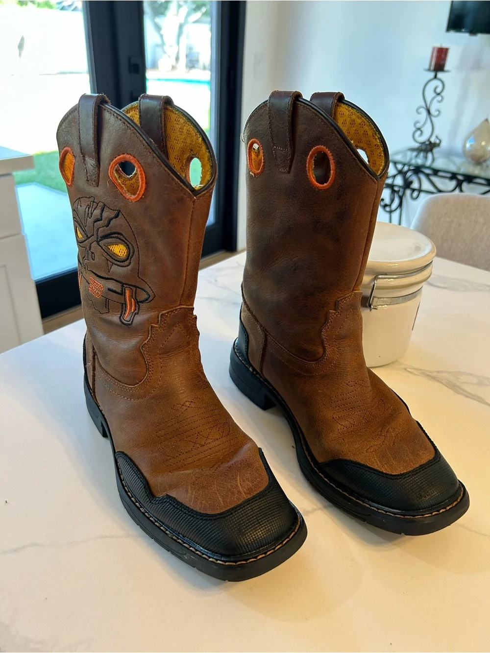 Boys Cody James Brown Leather Work Boots with Orange Accent. Sz 4D